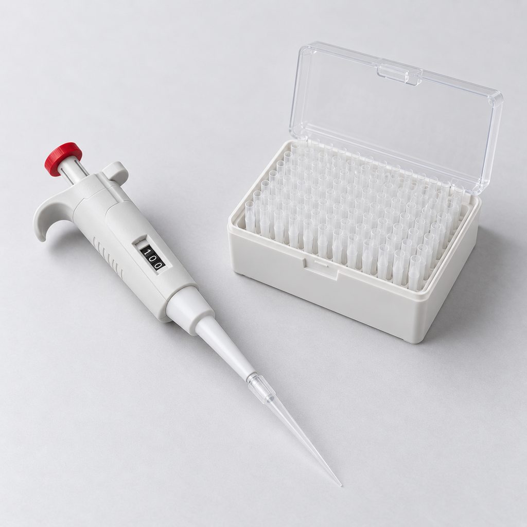 Laborpipette mit aufgesteckter Spitze neben einer offenen Box mit Pipettenspitzen