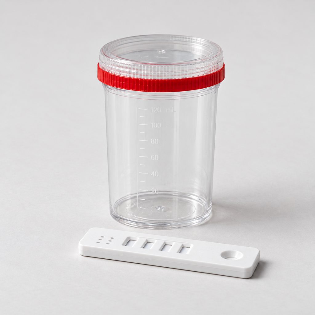 Probenbecher mit rotem Siegelring neben einem Testpanel